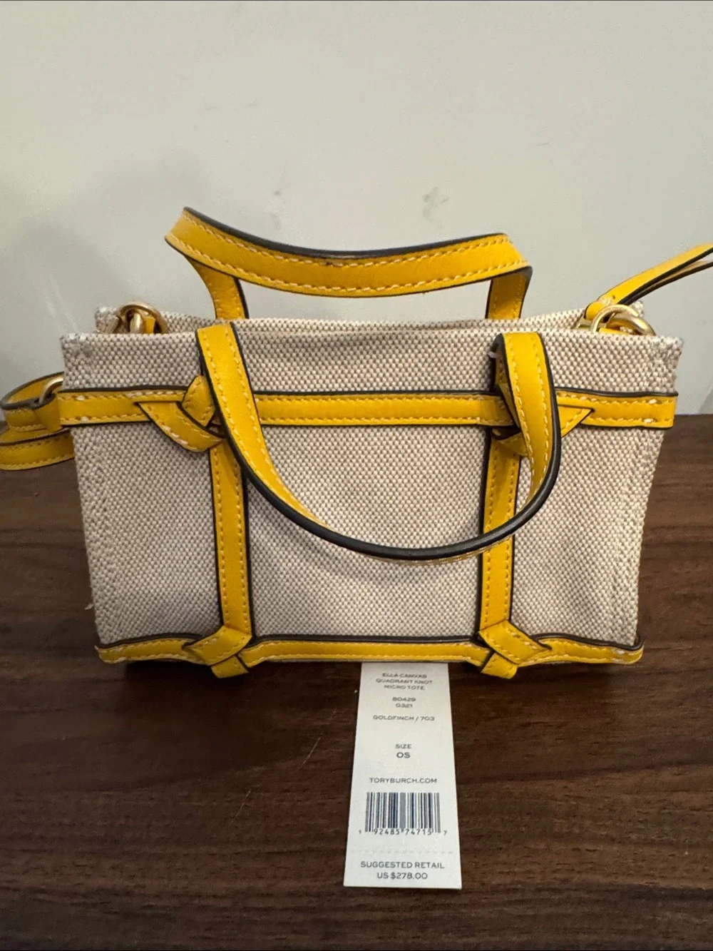 NWT Tory Burch Ella Canvas Quadrant Knot Micro Tote Goldfinch Yellow Crossbody